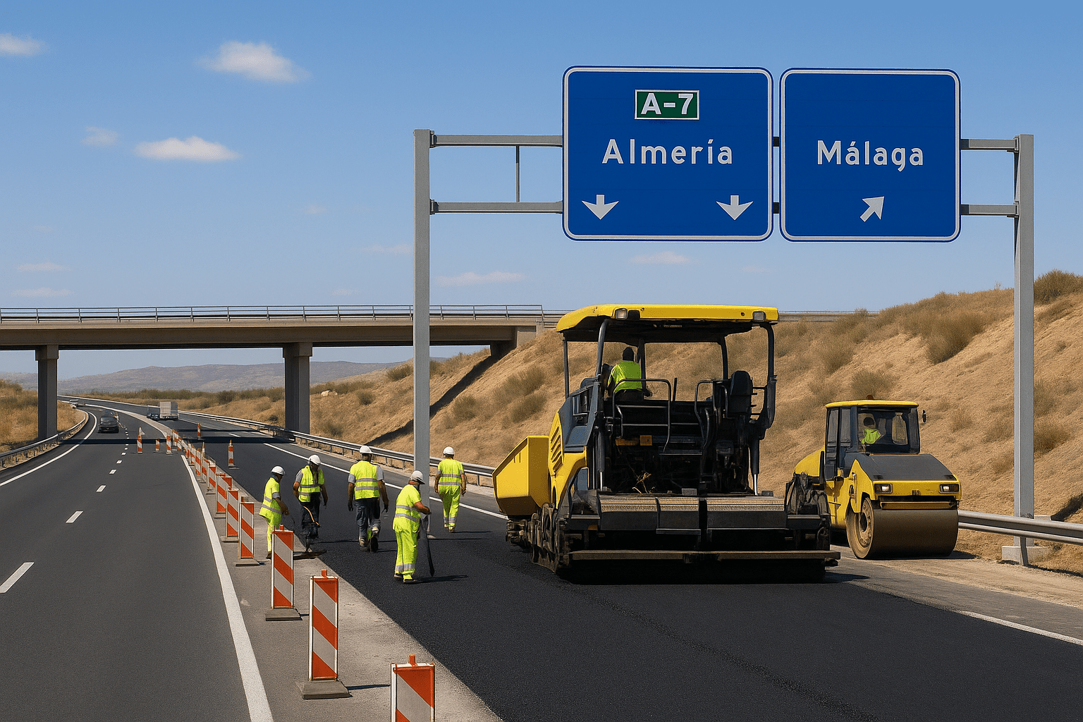 Highway construction near Roquetas de Mar with resurfacing works and improved access towards Almería and Málaga