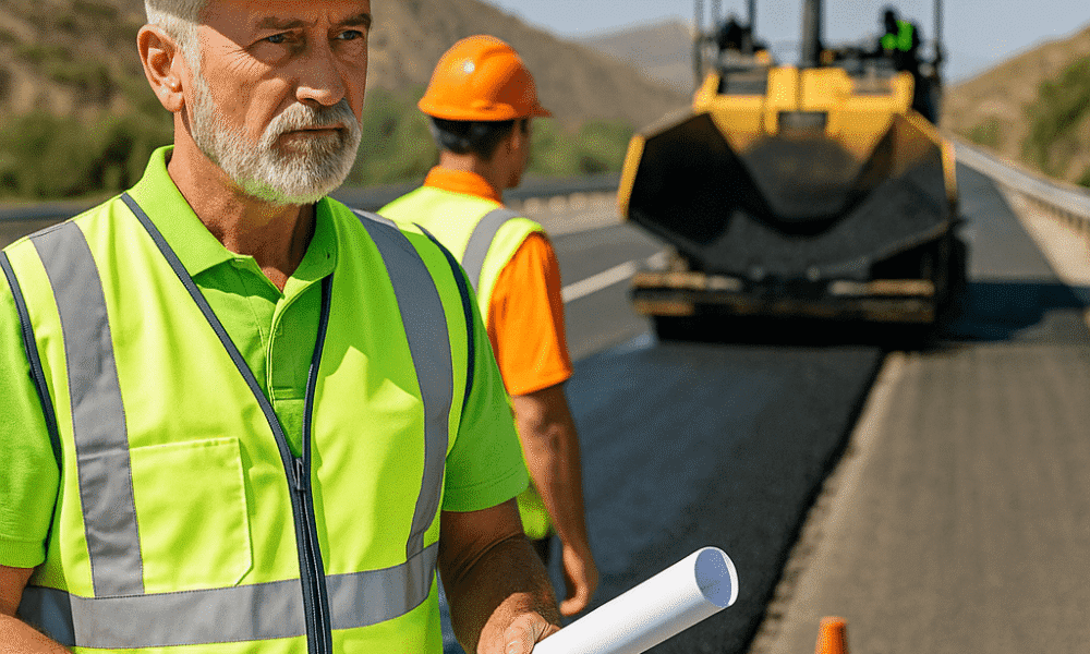 Road construction workers resurfacing a highway near Almería under clear skies