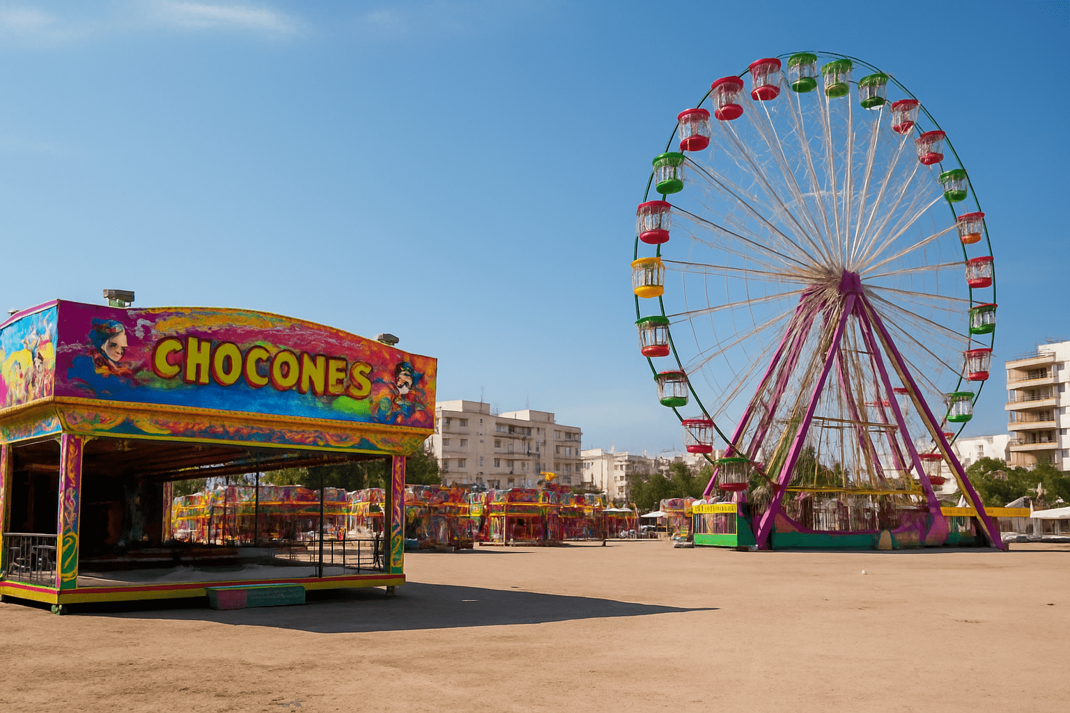 New fairground with ferris wheel and bumper cars on a sunny day