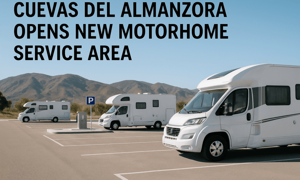 Motorhomes parked at the newly opened service area in Cuevas del Almanzora, Spain, with clear skies