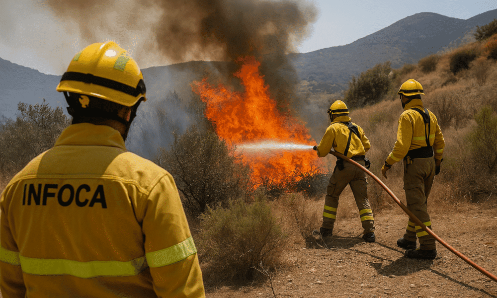 Infoca firefighters containing wildfire in El Pocico near Huércal de Almería