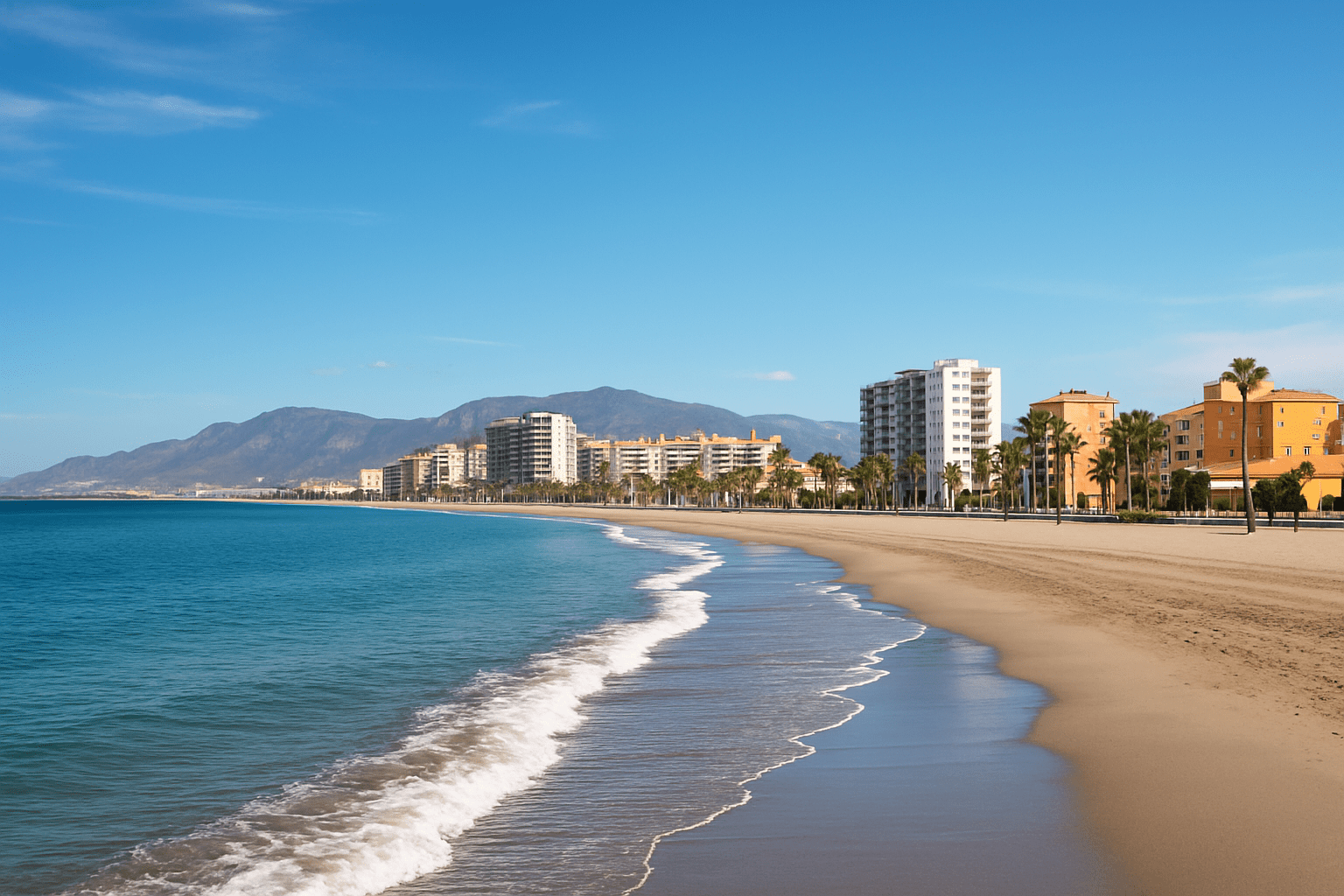 View of Roquetas de Mar’s beachside promenade, Mediterranean Sea, and modern buildings against a mountain backdrop.