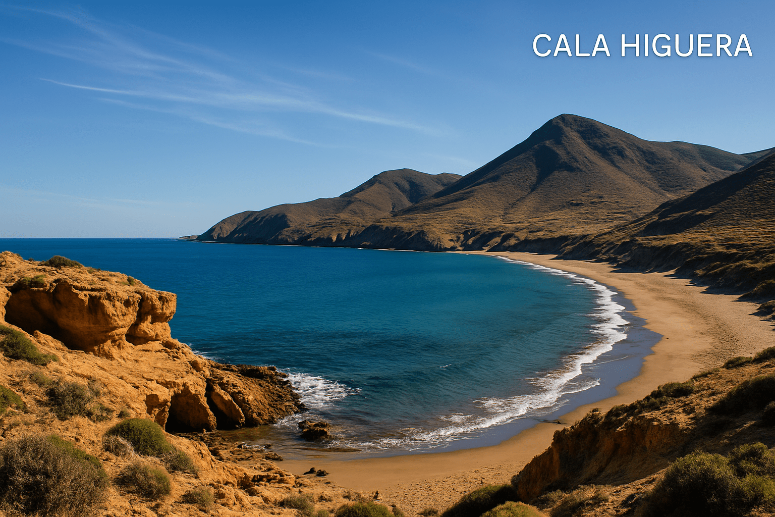 A panoramic view of Cala Higuera Resort nestled along the Cabo de Gata coastline in Almería, surrounded by rugged cliffs and Mediterranean waters.