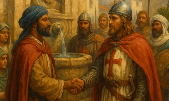 Moors and Christians Festival in Mojácar depicting historical surrender at the town fountain