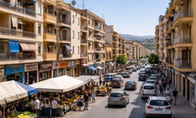 Albox town centre during market day, showing traffic, apartment blocks and a busy commercial street