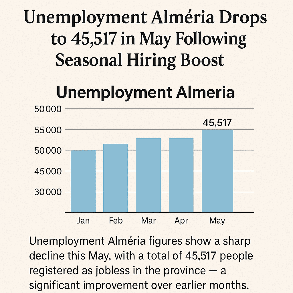Unemployment Almería figures for May 2025 showing a drop to 45,517