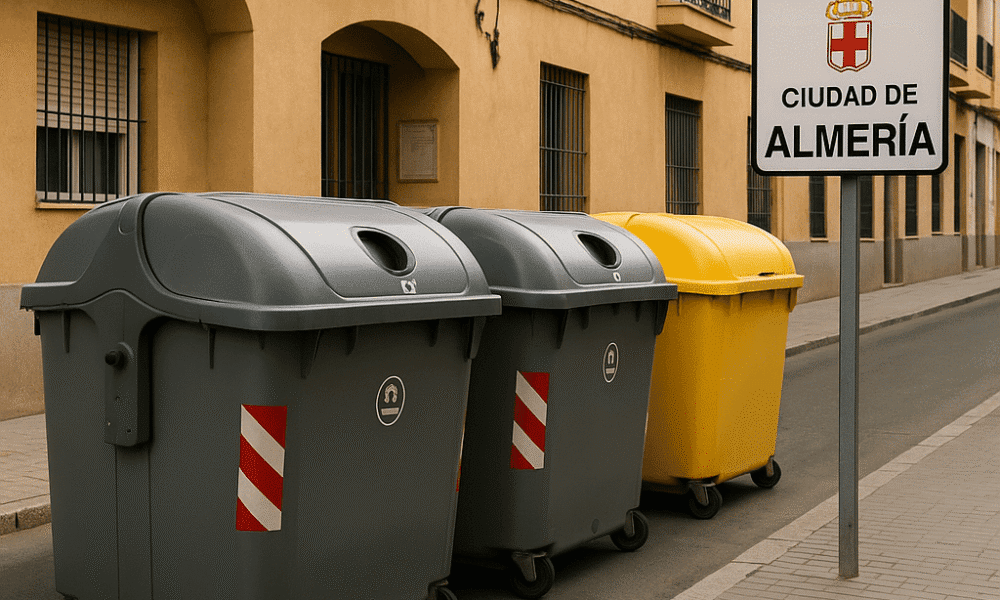 Waste containers and Almería city sign on a residential street during daytime, representing proposed waste fee increase