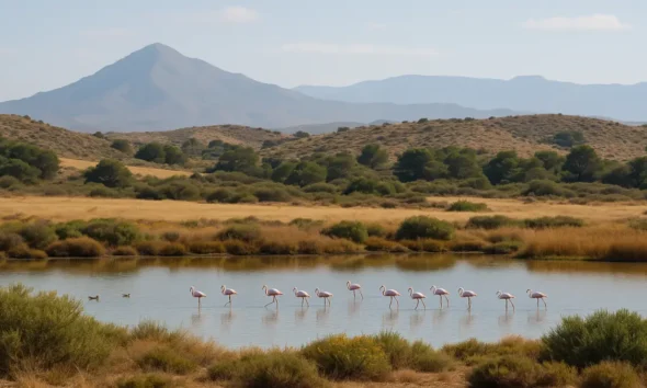 View of Almería wildlife habitats with flamingos in a lagoon and mountain landscape