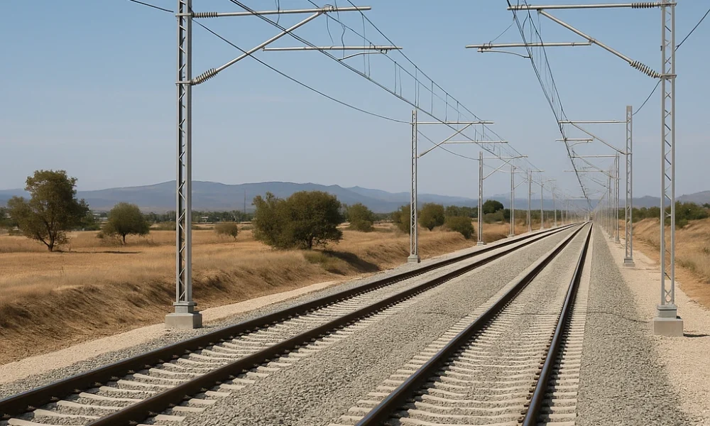 A view of the new high-voltage catenary systems installed along the Murcia-Lorca section, powering the future AVE trains