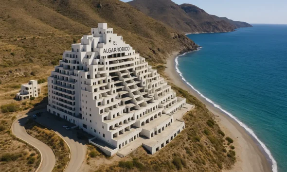 Aerial view of the El Algarrobico hotel in Carboneras, Almería