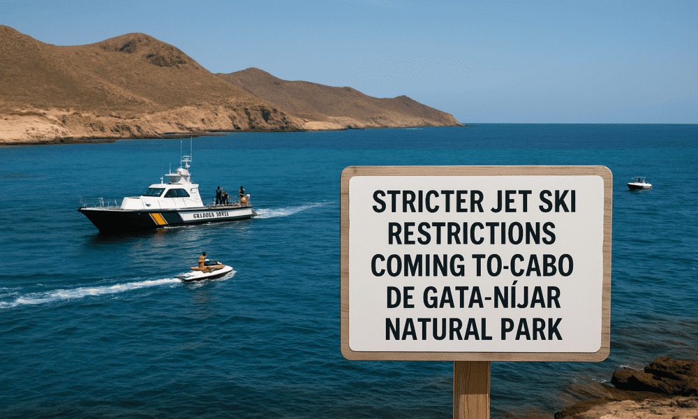 Guardia Civil boat and jet ski near Cabo de Gata-Níjar Natural Park with sign about jet ski restrictions