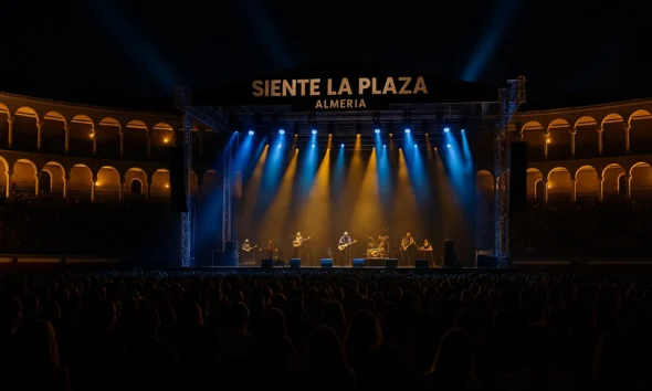 Main stage of Siente la Plaza Almería set against the city’s bullring at night