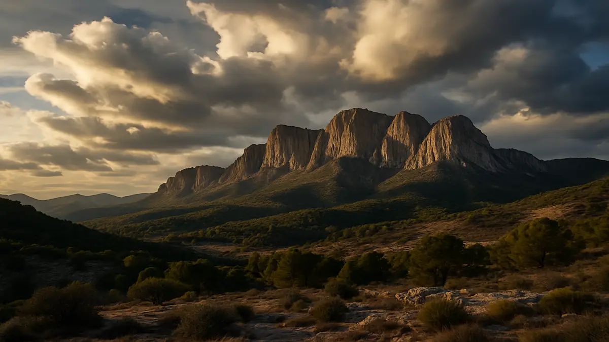 Dramatic limestone ridges and pine forest in the Sierra de María-Los Vélez under golden afternoon light