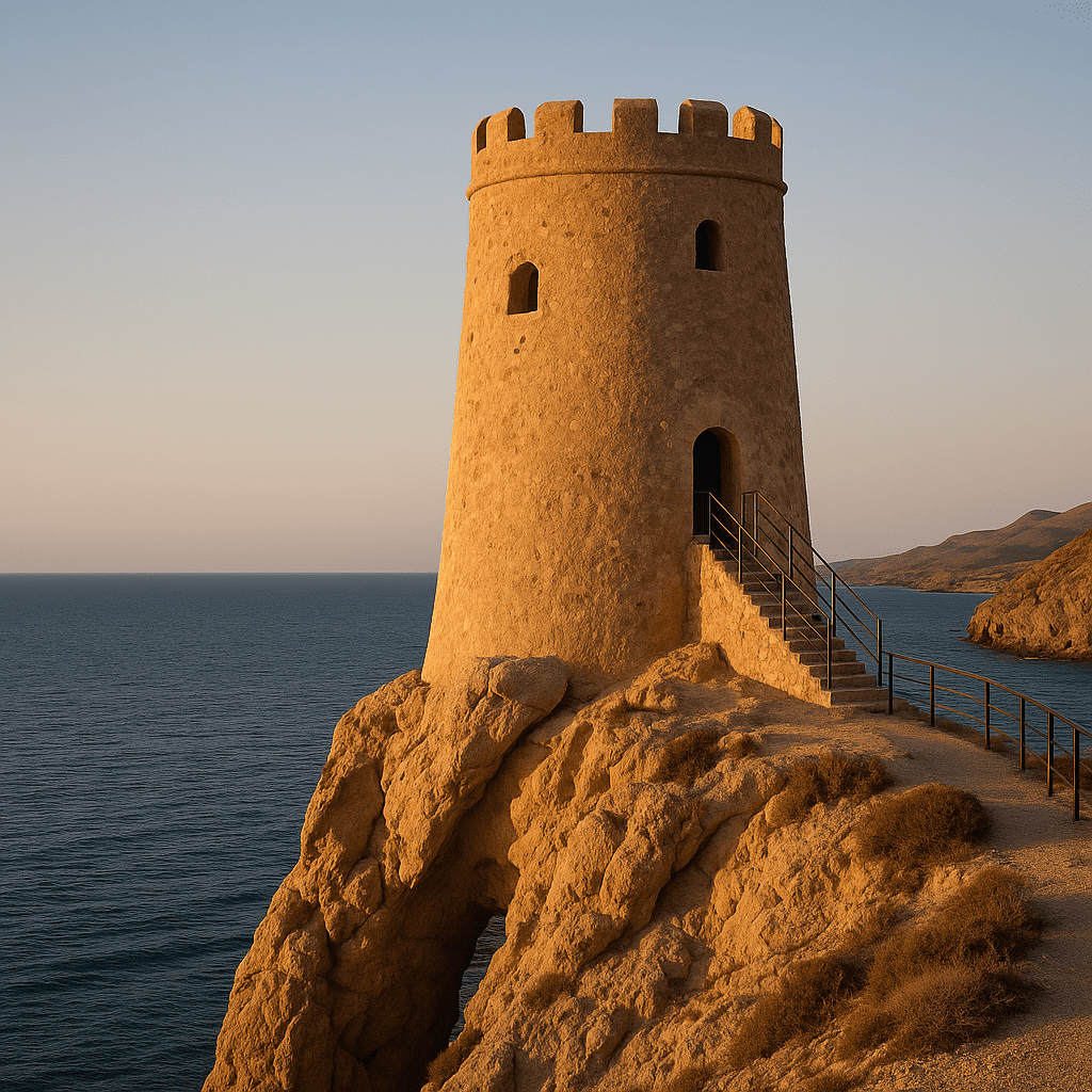 Torre del Pirulico in Mojácar at sunset, restored and reopened to visitors