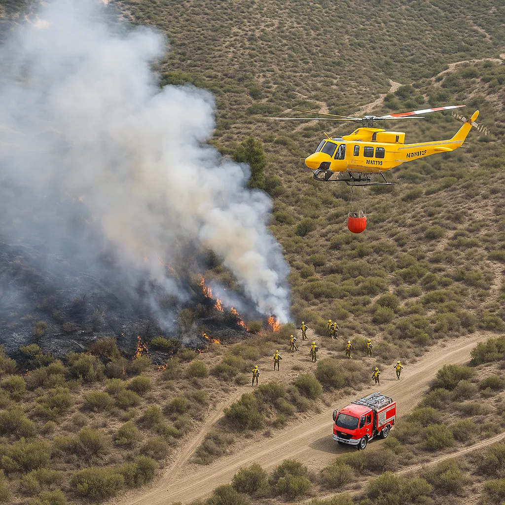 Aerial view of INFOCA helicopter fighting wildfire in Huércal de Almería