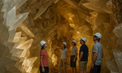 Visitors exploring the Pulpi Geode with giant translucent crystals