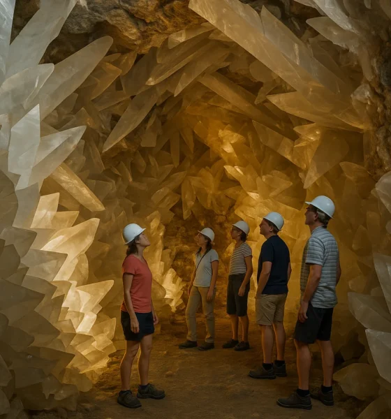 Visitors exploring the Pulpi Geode with giant translucent crystals