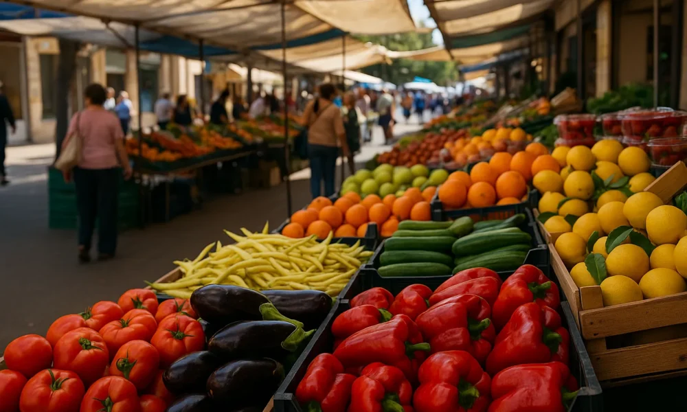 Roquetas de Mar markets with colorful fresh produce stalls and local shoppers