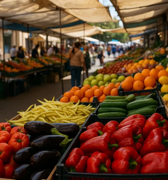 Roquetas de Mar markets with colorful fresh produce stalls and local shoppers