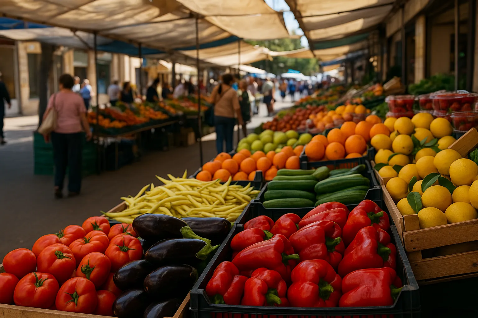 Roquetas de Mar markets with colorful fresh produce stalls and local shoppers