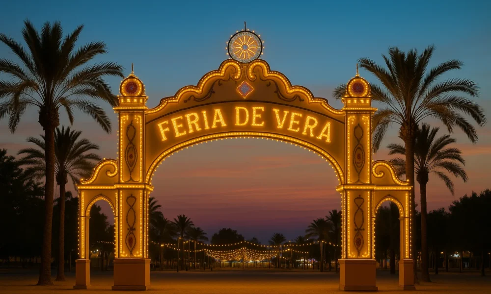 Illuminated entrance arch of the Feria de Vera 2025 with palm trees at twilight in Vera, Almeria