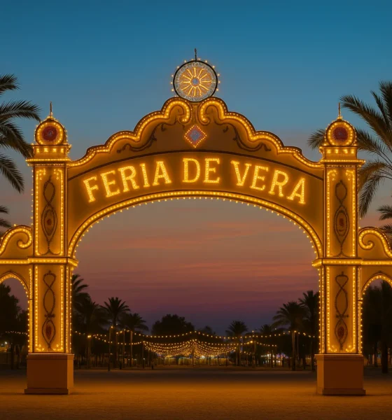 Illuminated entrance arch of the Feria de Vera 2025 with palm trees at twilight in Vera, Almeria