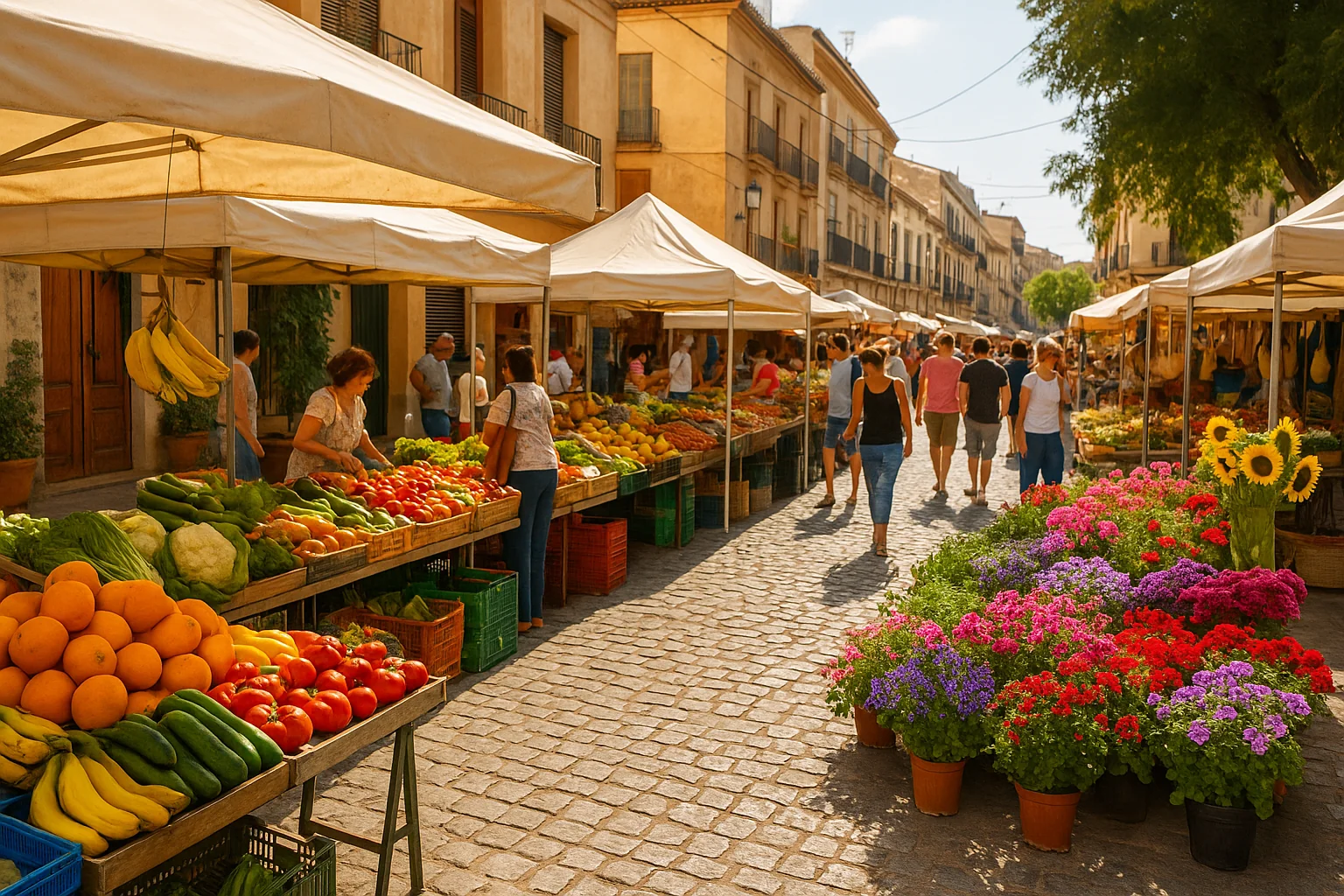 Weekly markets Almería with stalls of fresh fruit and local crafts