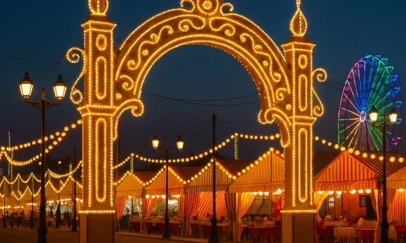 Night view of the All Saints Fair in Albox with illuminated archway, tents and Ferris wheel.
