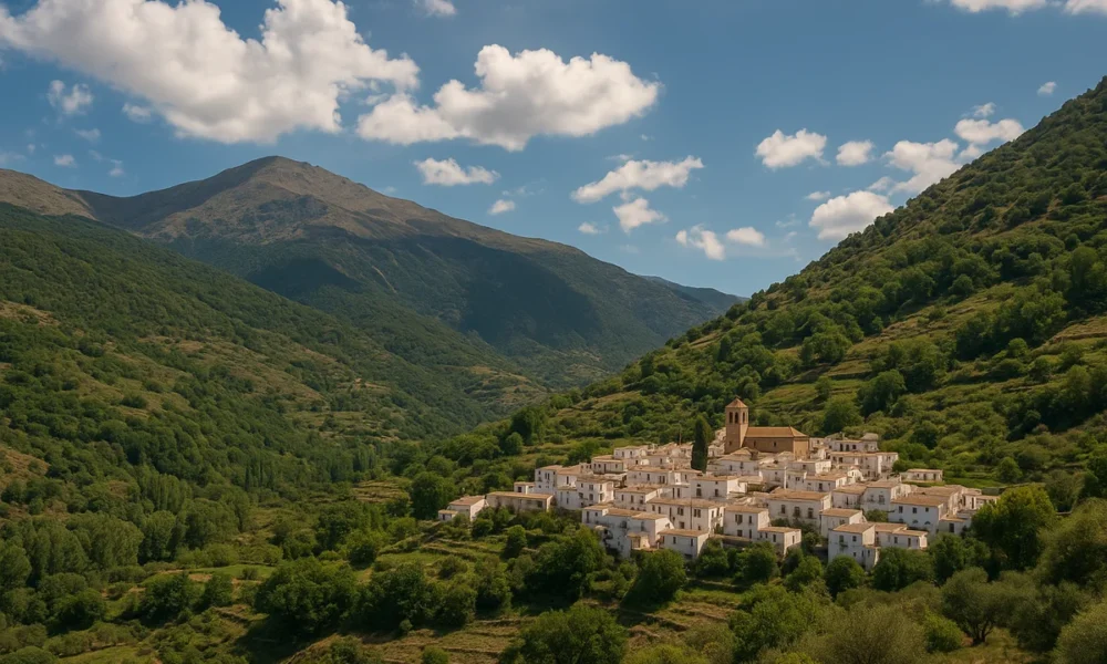 Mountain landscape near Abla, Almeria, with Sierra Nevada backdrop and natural hiking trail