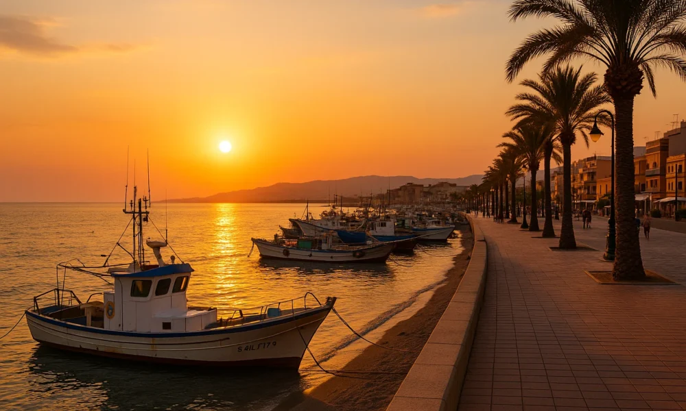 Adra promenade at sunset, coastal view in Almeria Spain