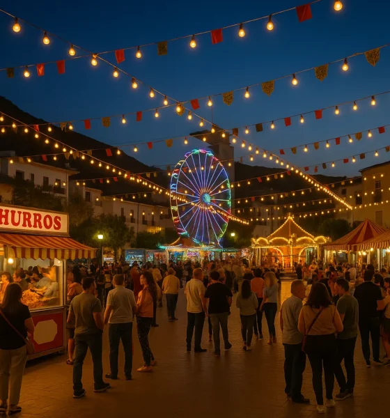 Albox All Saints Fair 2025 at night with colourful lights, fairground rides and people enjoying the festivities in southern Spain
