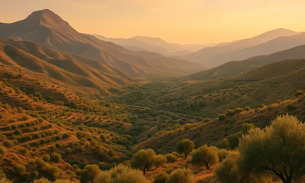 Mountain landscape near Alcolea Almeria with olive groves and warm evening light