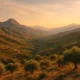 Mountain landscape near Alcolea Almeria with olive groves and warm evening light