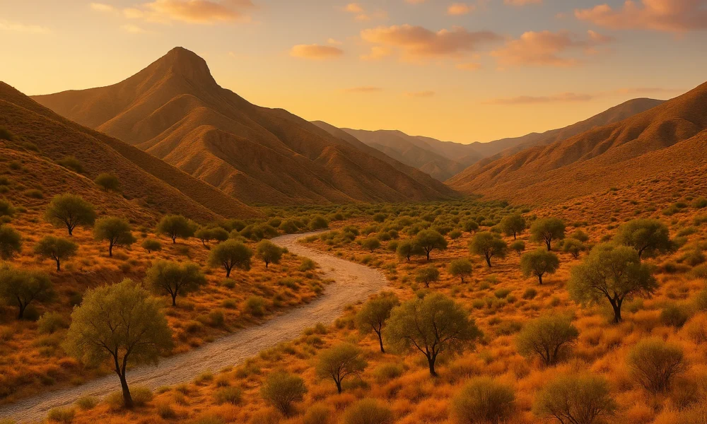 Alcontar landscape Almeria with warm sunlight, olive trees and Sierra de los Filabres mountains