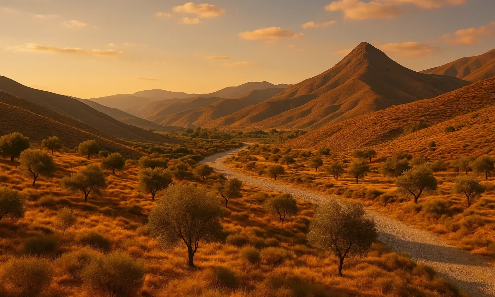 Mountain landscape near Alcudia de Monteagud, Almeria — warm Andalusian scenery with olive trees and the Sierra de los Filabres in golden light