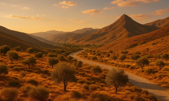 Mountain landscape near Alcudia de Monteagud, Almeria — warm Andalusian scenery with olive trees and the Sierra de los Filabres in golden light