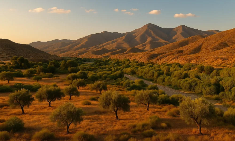 Andarax valley landscape near Alhabia, Almeria — olive and citrus groves under golden evening light with Sierra de Gador mountains in the distance