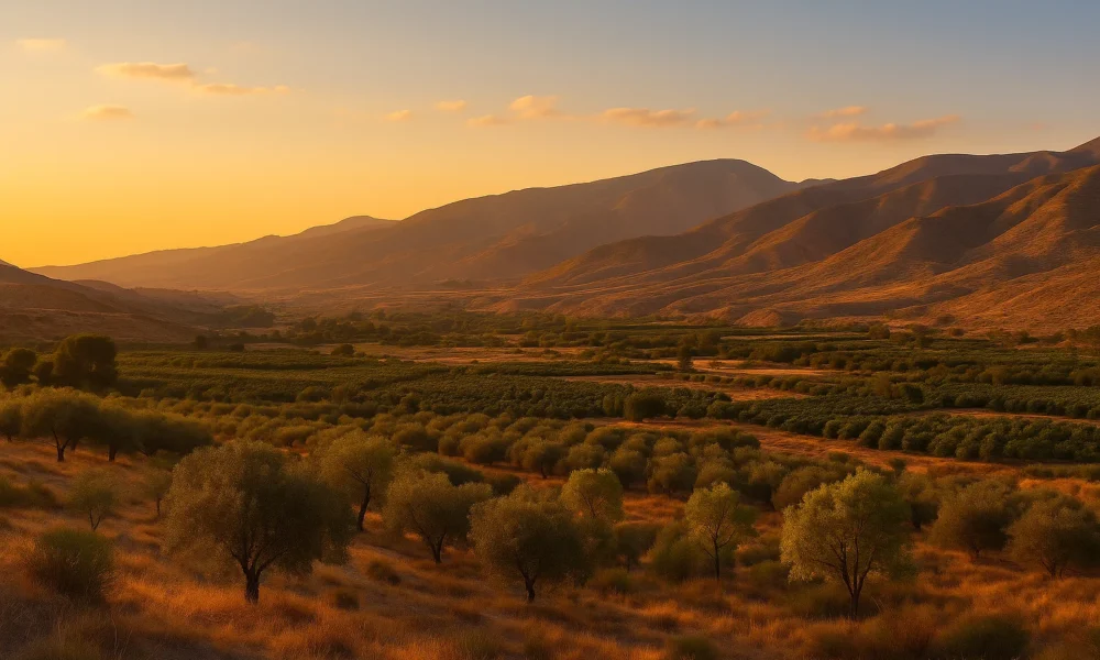 Warm sunset view of the Andarax Valley near Alhama de Almeria, showing olive groves and citrus fields with the Sierra de Gador mountains in the background.