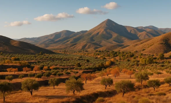 Warm Andalusian landscape near Alicun, Almeria, with olive groves and the Andarax Valley under the Sierra de Gador mountains