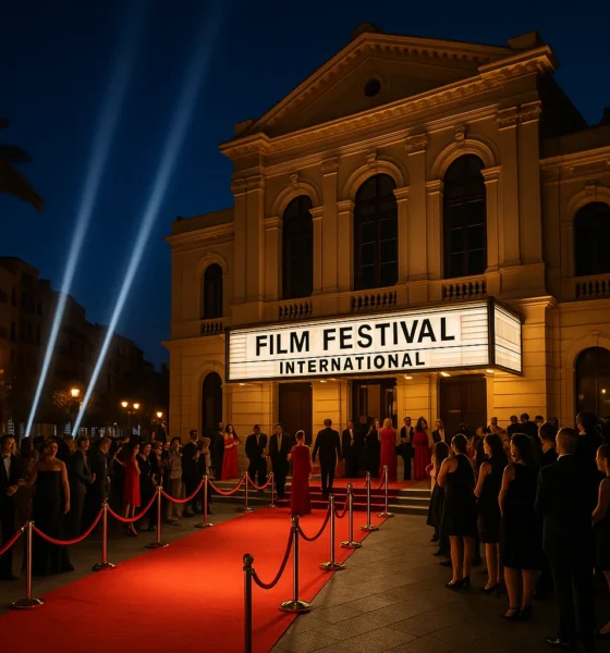 Red carpet and guests arriving at Teatro Cervantes during the Almeria International Film Festival 2025 in Almeria, Andalusia.