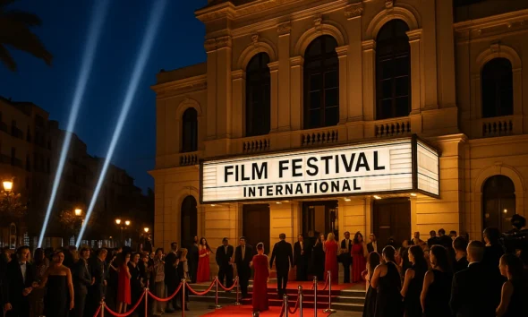 Red carpet and guests arriving at Teatro Cervantes during the Almeria International Film Festival 2025 in Almeria, Andalusia.