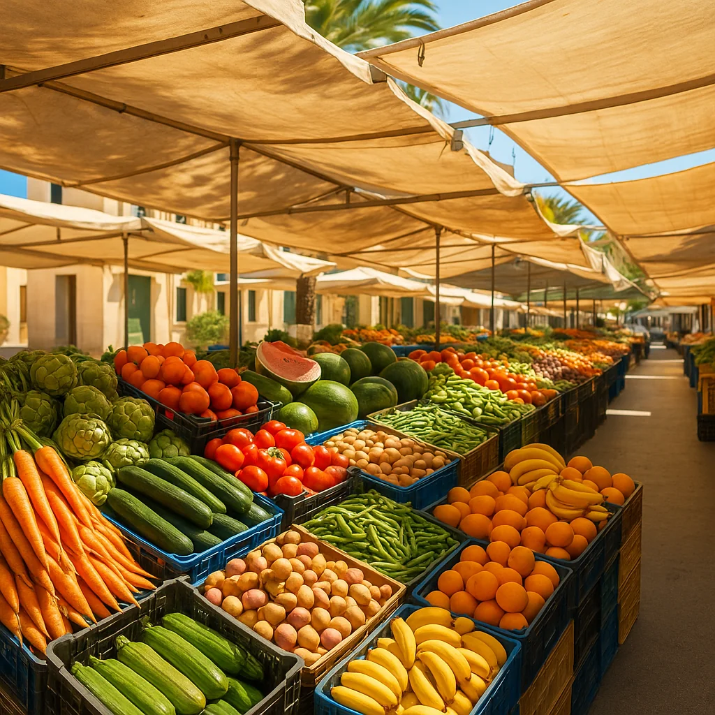 Almeria street market with fresh vegetables and fruit under bright sunlight
