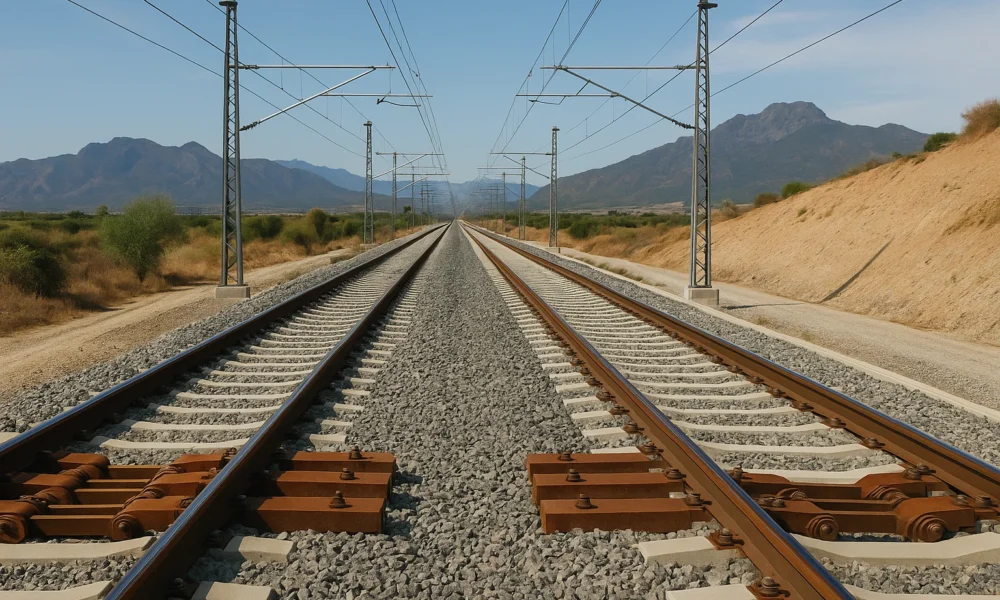 High-speed train track expansion near Almeria, Spain, showing construction work and equipment under clear Mediterranean light.