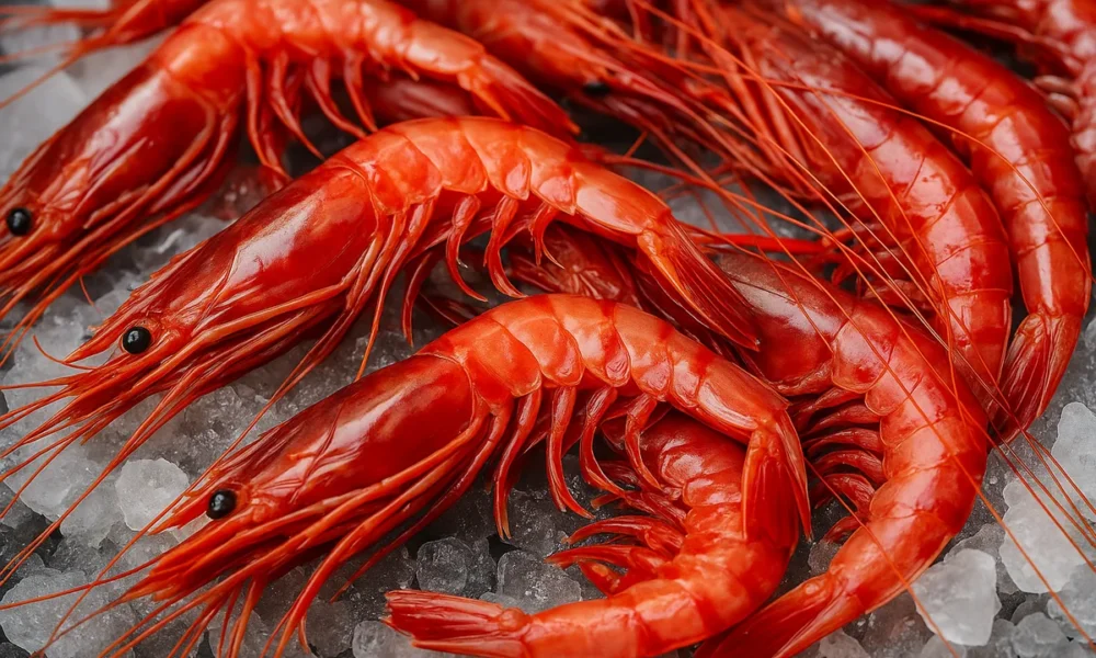 Fresh Gamba Roja. Garrucha's red prawns on ice at the 2025 seafood festival in Almeria