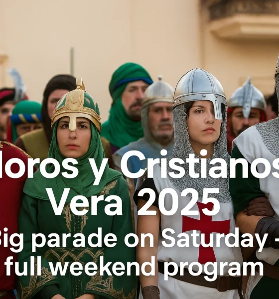 Participants in colorful Moorish and Christian costumes during Moros y Cristianos Vera 2025 parade in Vera, Almeria, Andalusia.