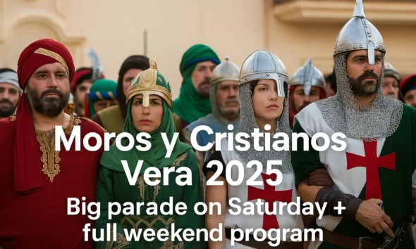 Participants in colorful Moorish and Christian costumes during Moros y Cristianos Vera 2025 parade in Vera, Almeria, Andalusia.