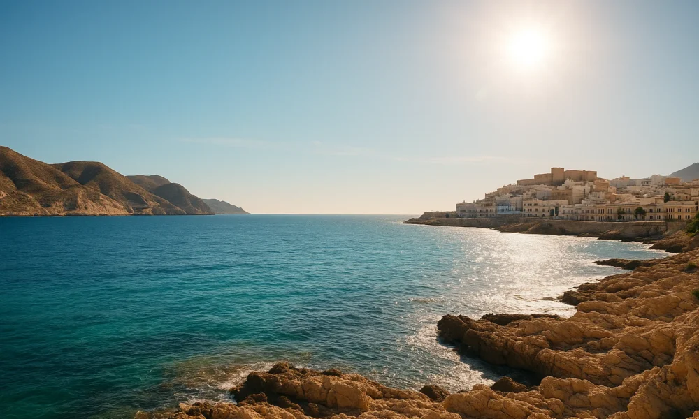 Historic Almeria coastline in bright Mediterranean sunlight, symbolising the true origin of the Costa del Sol name coined in 1928.