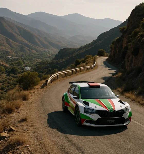 Rally Costa de Almeria 2025 rally car driving through the mountain roads near Alboloduy, Spain