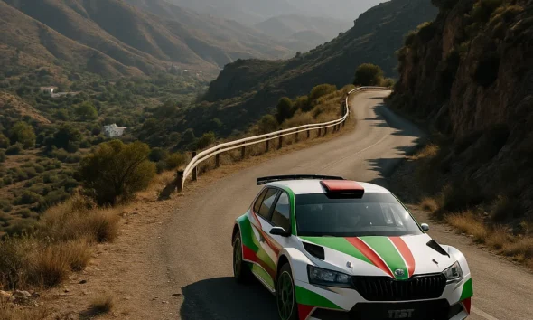 Rally Costa de Almeria 2025 rally car driving through the mountain roads near Alboloduy, Spain