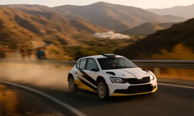 White and black rally car speeding along a winding mountain road during the Rally Costa de Almeria 2025, with dust and motion blur under the Andalusian sun.